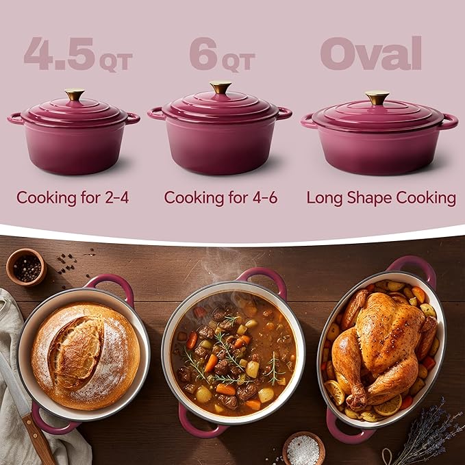 4.5 Quart Dutch Oven Pot with Lid, Non Stick Enameled Cast Iron Dutch Oven for Bread Baking, Heavy-Duty, Oven Safe Ceramic Cookware Up to 500°F for Baking, Braising, Stews, Roasting, Rose