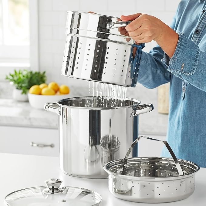 8 Qt 4-Piece Stainless Steel Multipot Set - Stock Pot with Steamer Basket, Colander & Heat-Resistant Glass Lid | Stay-Cool Handles, Durable Cookware for Large Gatherings & Daily Cooking