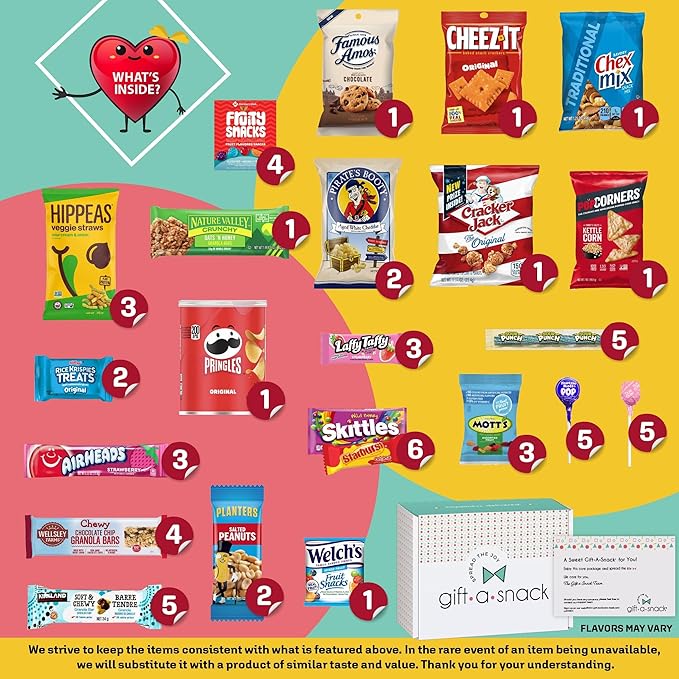 Gift A Snack - Holiday Christmas Stocking Stuffers, Snack Box Variety Pack Care Package + Greeting Card (60 Count) Xmas Birthday Sweet Treats Gift Basket, Candies Chips Crackers Bars