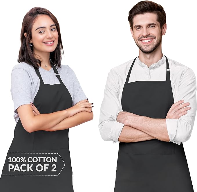 CALICOT Apron for women with Pocket 100% Cotton 27.50"x31.50" 2 Pieces Adjustable Neck Strap & long ties Apron Men, Chef, Wedding, Cooking, Gardening, Server, Waitress (Black)