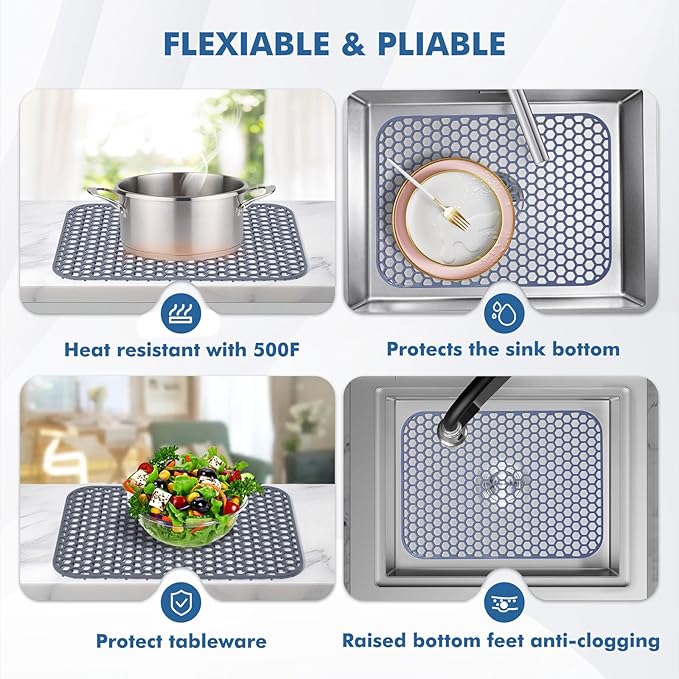 Silicone Sink Protector for Kitchen Sink - 16.65''x12.2'' Kitchen Sink Grid Accessory, Non-slip Heat Resistant Sink Grid Dry Mat for Bottom of Porcelain Stainless Steel, Dishwasher Safe
