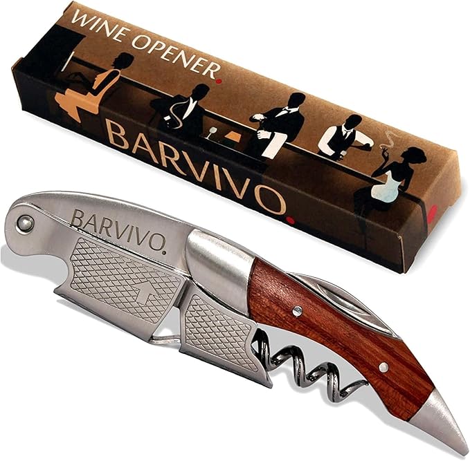Barvivo Black Resin Wine Opener with Foil Cutter Knife and Cap Remover, Double Hinged Manual Wine Key for Bartenders, Servers, Waiters, Stainless Steel Wine Bottle Opener Corkscrew
