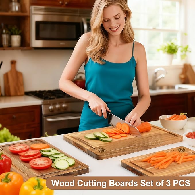 Acacia Wood Cutting Board for Kitchen, Solid Wood Chopping Board with Built-In Handle and Juice Groove, Large Durable Wooden Cutting Boards Set of 3 for Meat, Vegetables and Fruits (Brown)