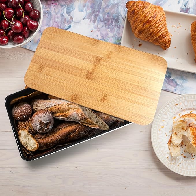 JIGUOOR Black Bread Box, Large Space Saving Vertical Metal Bread Box with Wooden Cutting Board Lid, Holds 2+ Loaves, Farmhouse Bread Bins Kitchen Bread Storage,Kitchen Parts Box 12.99" x 7.08" x 4.72"
