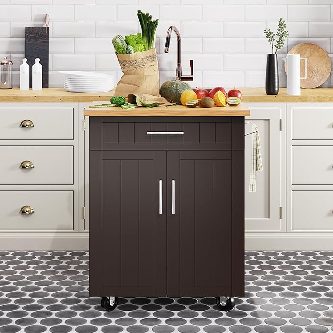 Shintenchi Kitchen Island Cart with Storage,Rolling Kitchen Island Side Table on Wheels with Large Worktop,Storage Cabinet,Towel Rack and Drawers for Kitchen,Dinning Room, Brown