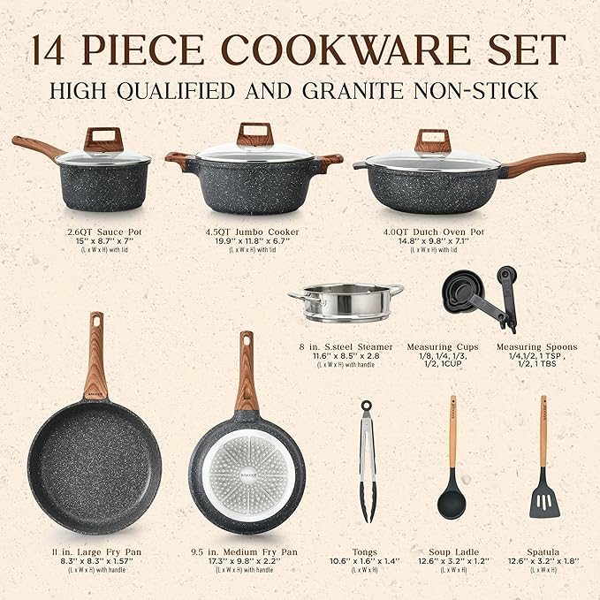 Bakken-Swiss 14-Piece Kitchen Cookware Set – Granite Non-Stick – Eco-Friendly – PFOA, PFOS, and PTFE Free for All Stoves & Oven-Safe - Marble coatin