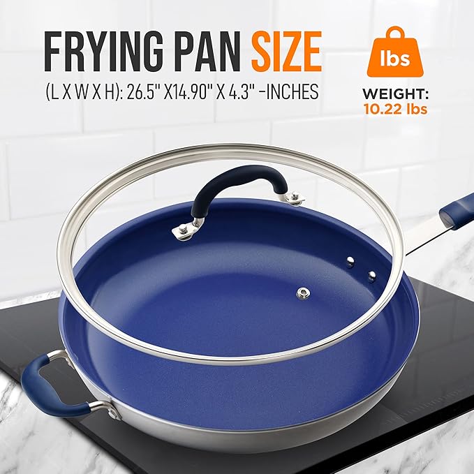 NutriChef 14" Fry Pan With Lid - Extra Large Skillet Nonstick Frying Pan with Silicone Handle, Ceramic Coating, Blue Silicone Handle, Stain-Resistant And Easy To Clean, Professional Home Cookware