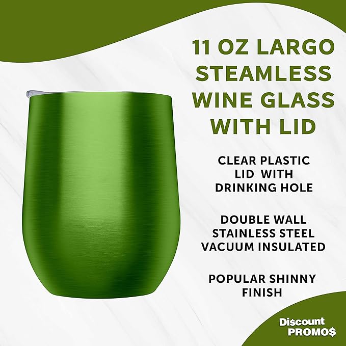 DISCOUNT PROMOS Stemless Wine Glass Tumblers with Lids by Largo 11 oz. Set of 6, Bulk Pack - Perfect for Wine, Cocktails, Other Hot & Cold Beverages - Lime Green