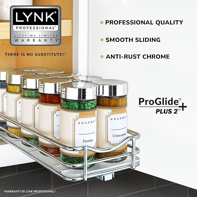 LYNK PROFESSIONAL® Pull Out Spice Rack Organizer for Inside Kitchen Cabinets - 4-3/8 inch Wide - Slide Out Drawer – Chrome Sliding Spice Cabinet Organization Shelf Racks - 1 Tier