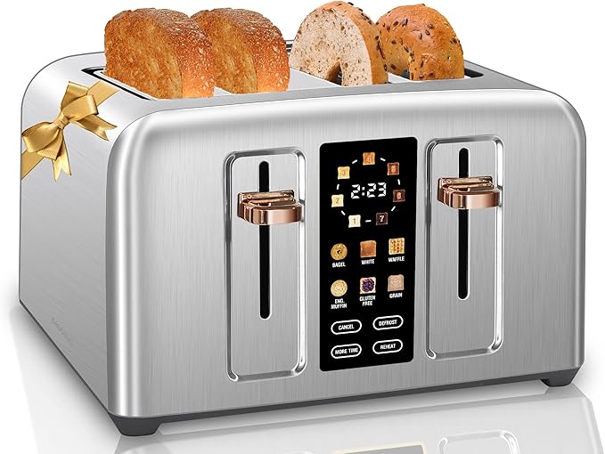 SEEDEEM Toaster 4 Slice, Full Touch control Toaster, LCD Display, 6 Bread Type, 7 Shade Settings, 1.4''Wide Slots，More Time Function, Removable Crumb Tray, 1800W, Silver Metallic