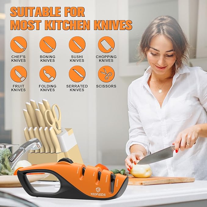 Adjustable Knife Sharpener with 5 Sharpening Angle, Professional Kitchen Knife Sharpener Tool, Ergonomic Handle, Non-Slip Rubber Base, Manual Knife Sharpeners for Kitchen Knives and Scissor