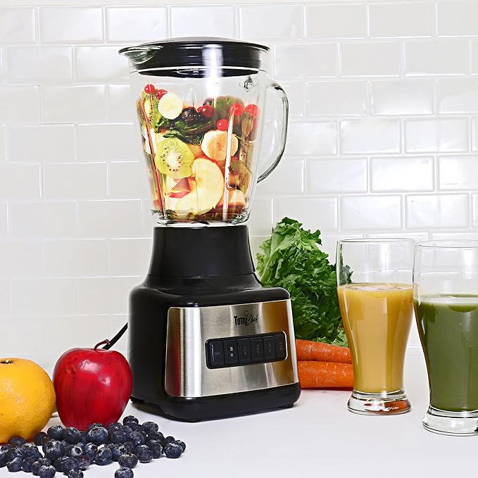 Total Chef Countertop Blender – Electric Mixer for Smoothies, Ice Crush & Pulse Function, Heavy Duty Glass Pitcher licuadora With 6 Speed, Kitchen Appliance, Dishwasher-Safe Jar, Black
