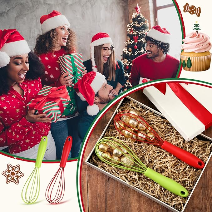 LemonRoad 60 Sets 10 Inch Christmas Whisks Gifts DIY Fillable Christmas Tree Ornaments Red Green Silicone Whisks for Cooking Heat Resistant Egg Beaters Candy Chocolate Holder for Xmas Gifts Favors