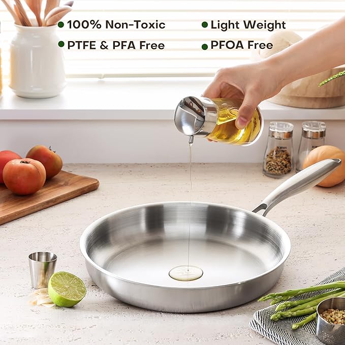 Stainless Steel Frying Pan, 8 Inch Frying Pan Cookware, Healthy Stainless Steel Skillet, Works on Induction, Ceramic and Gas Cooktops, PFOA Free, Dishwasher Safe, Stay-Cool Handle