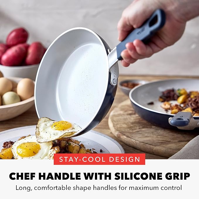 GreenPan x Bobby Flay 2 Piece- 8” and 10” Nonstick Frying Pan Skillet Set, PFAS-Free Diamond Ceramic, Induction Suitable, Stay-Cool Silicone Handle, Easy Clean Dishwasher & Oven Safe, Oxford Blue