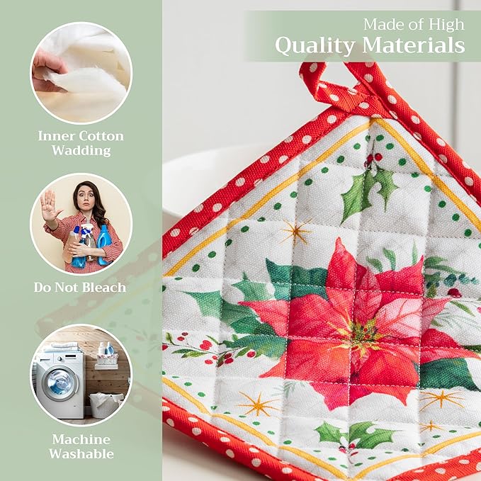 Maison d' Hermine Pot Holders Set 100% Cotton Heat Resistant Potholders 8" x 8" Hot Pads with Loop for Thanksgiving Christmas Decorations Baking Handling Hot Pans (Pack of 2, Poinsettia Christmas)