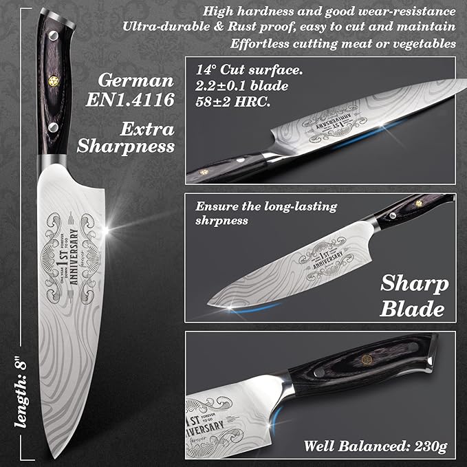 1 Year Anniversary Paper Gifts for Boyfriend, 1st Anniversary Present for Men Him Husband, 8 inch Pro German Chef Knife, One Year Kitchen Knife Gift Set, Best First Year Christmas Birthday Him Gifts