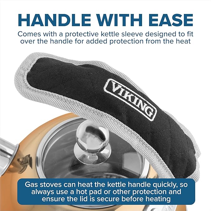 Viking 3-Ply Stainless Steel Tea Kettle, 2.6 Quart Stovetop Hot Water Pot with Tempered Glass Lid, Ergonomic Handle, Induction Ready, Rose Gold