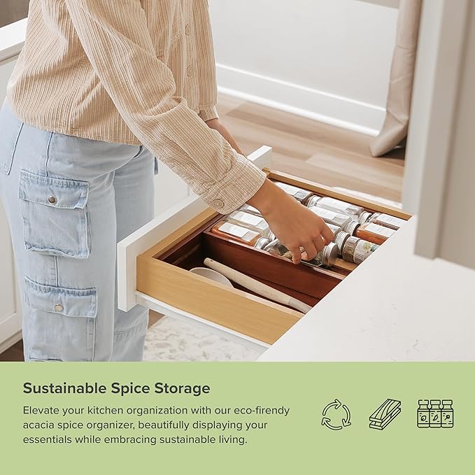 KitchenEdge Spice Drawer Organizer with Expandable Storage. Holds up to 15 Spice Jars (Not Included), Non-Slip Feet, Kitchen Accessory Storage, 100% Sustainable Bamboo Wood (Natural Acacia)
