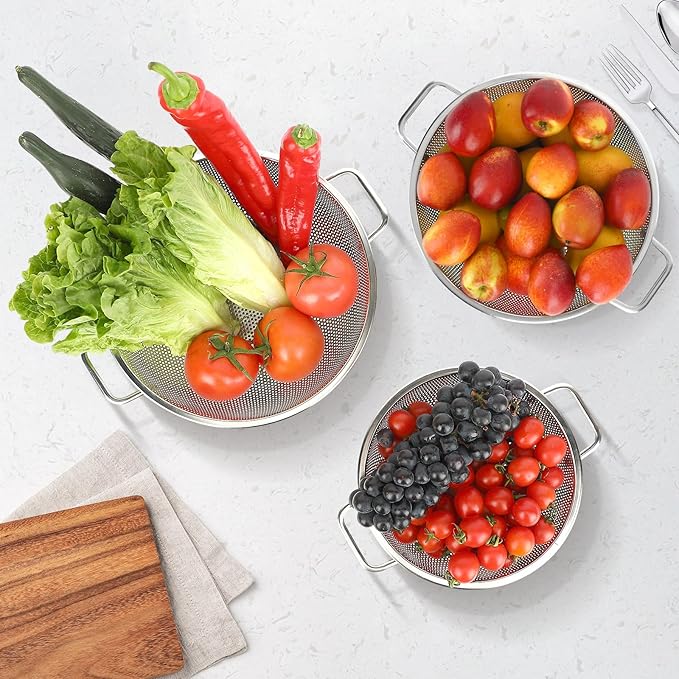 3PCS Colander for Kitchen, 3QT & 4QT & 5QT, Stainless Steel Colander Strainer with Handle for Fruits Vegetables Cooking Food, Dishwasher Safe