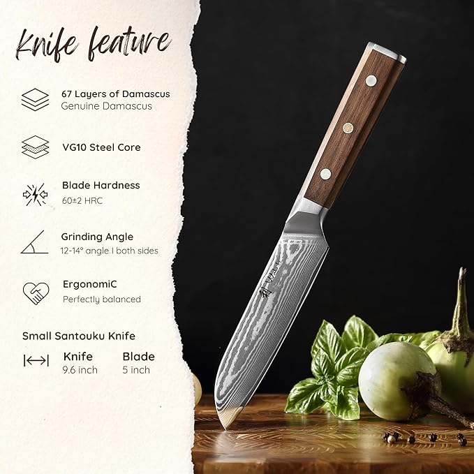Wakoli HIK Damascus Small Santoku Knife – Full Tang Multipurpose Kitchen Knife | 5-Inch Blade Made of 67-Layer Damascus Steel with VG10 Core | Walnut Wood Handle | Sharp, Durable