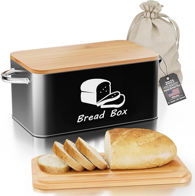 Metal Bread Box with Bamboo Cutting Board Lid, Bread Storage Container, Modern Kitchen Organizer for Sourdough, Buns, and Loaves (Black)