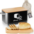 Metal Bread Box with Bamboo Cutting Board Lid, Bread Storage Container, Modern Kitchen Organizer for Sourdough, Buns, and Loaves (Black)