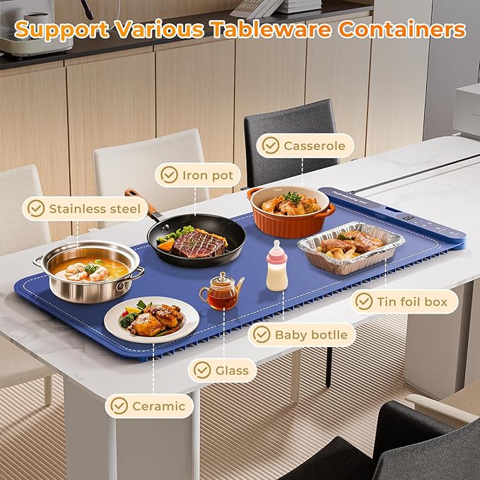 Warming Mat for Food Extra Large 32"x15", Electric Silicone Food Warmer Trays for Chafing Dishes & Buffet,Portable Countertop Food Warmers for Parties, 7-Level Temp 8-Hour Timer， Blue