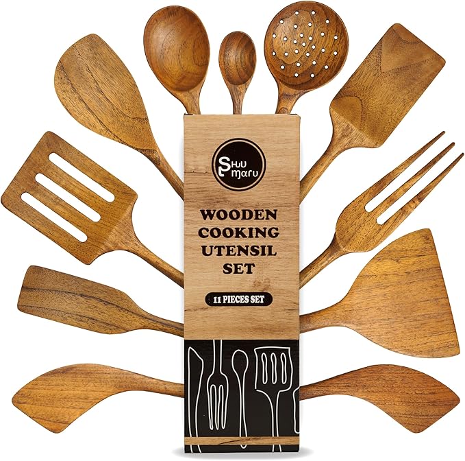 SHUMARU 11-Piece Handmade Teak Utensil Set – Premium Old Bali Teak Wooden Cooking Spoons & Spatulas, Eco-Friendly & Ergonomic Kitchen Tools Safe for Non-Stick Cookware