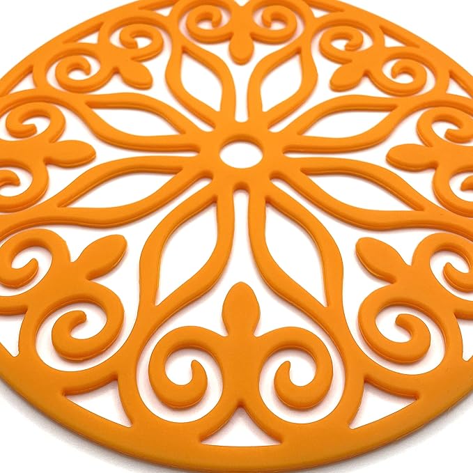 3 Set Silicone Trivet Mats With 1 Extra Large Included | Intricately Carved Insulated Flexible Durable Non Slip Thick Round Premium Trivets for Hot pots and pans | Orange