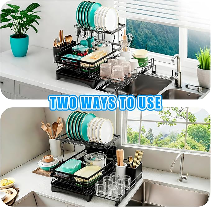 Extendable 2 Tier Stainless Steel Dish Drying Rack | Large Over-The-Sink Rust-Resistant Rack | High Capacity with Utensil Holder | Efficient Kitchen Counter Organization & Space Saving