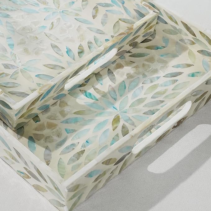 Serving Trays Handmade Trays for Serving Mother of Pearl Inlay Decorative Tray Room Decor, Coffee Table Tray Set of 2 Trays Decor for Ottoman Length 16'' and 14''