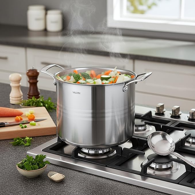 Valore 16 qt Stainless Steel Stock Pot with Lid & Canning Rack - 5-ply Soup Pot with Brushed Stainless Finish & Riveted Handles