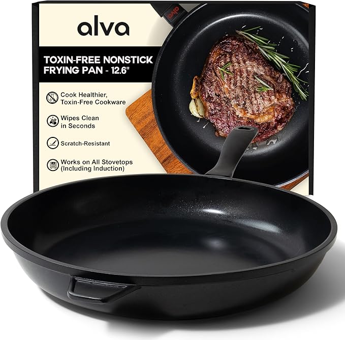 Alva Energy Nonstick Ceramic Frying Pan 12.6" - Lightweight, Easy to Clean and Made without PFAS, PFOA & PTFE - Induction and All Stovetop Compatible with Even Heat Distribution
