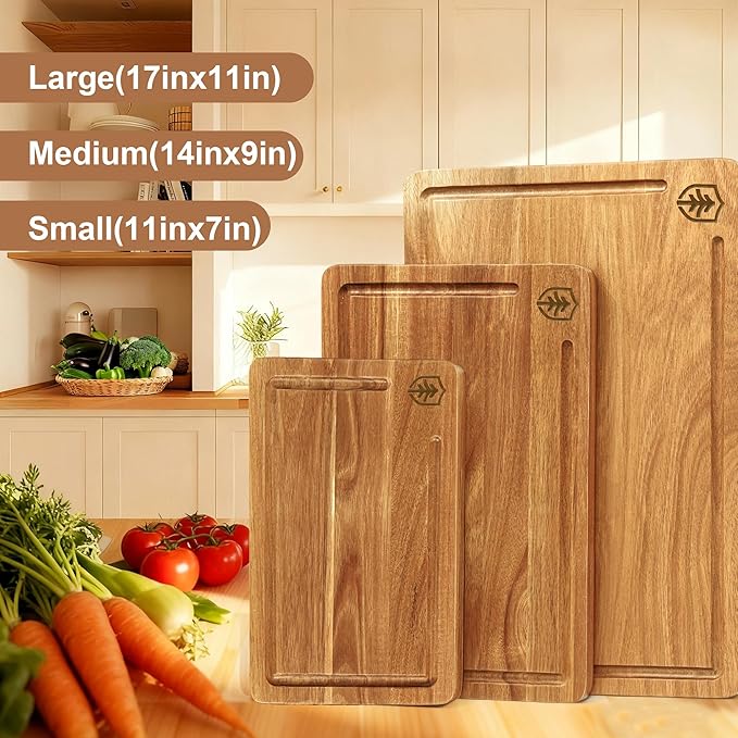 Acacia Wood Cutting Board for Kitchen, Solid Wood Chopping Board with Built-In Handle and Juice Groove, Large Durable Wooden Cutting Boards Set of 3 for Meat, Vegetables and Fruits (Brown)