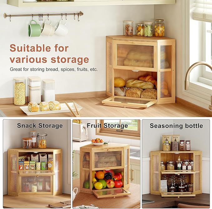 WOWLIVE Corner Bread Box for Kitchen Countertop, Double Layer Bamboo Bread Storage Container, Large Farmhouse Bread box with Acrylic Wavy Door Panel, Under Cabinet Organizer (Natural, Medium)