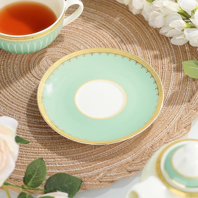fanquare Tea for One with Gold Trim, Green Teapot Set for Adults, Ceramic Coffee Cup with Saucer, Classic Stripes