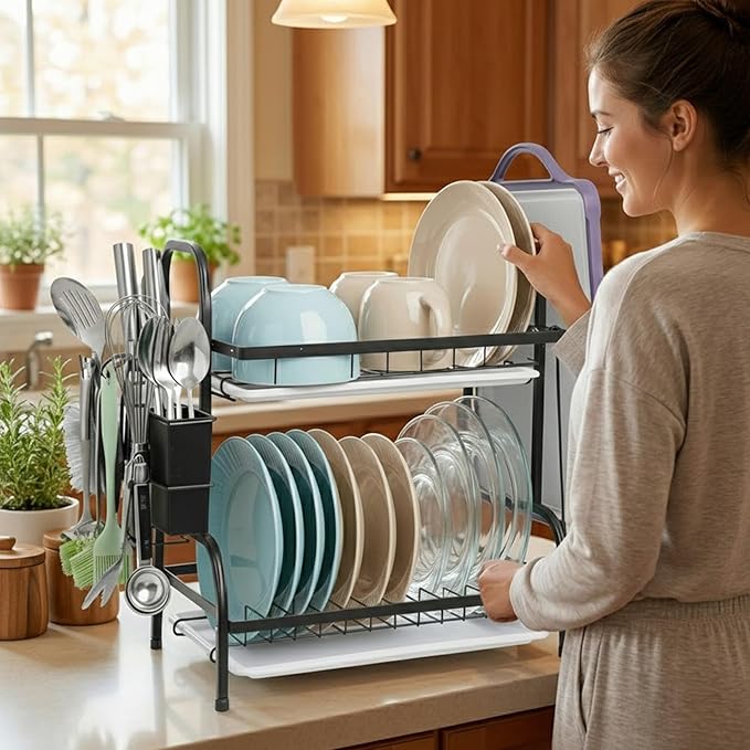 2 Tier Dish Drying Racks with Drain Tray,Stainless Steel Dish Racks for Kitchen Counter,Kitchen Sink Organizer for Dishes,Utensils& Fork Knives,Cutting Boards Storage