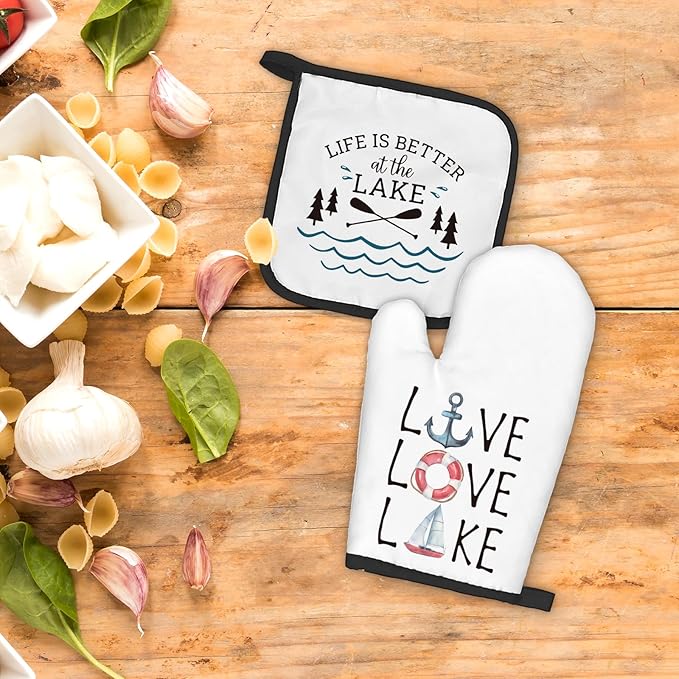 Lake Lovers Gifts Oven Mitts and Pot Holders Sets, Lake House Gifts Kitchen Accessories Sets, Lake House Decor,Life is Better at The Lake Heat Resistant Oven Glove Potholders for Kitchen Baking