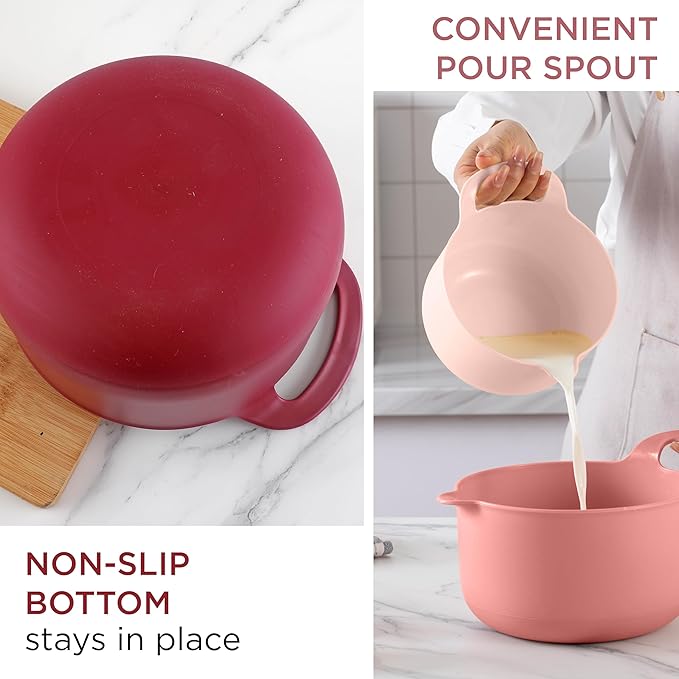 COOK WITH COLOR Nesting Plastic Mixing Bowl Set with Pour Spouts and Handles, Rose, 4 Piece Non-Slip
