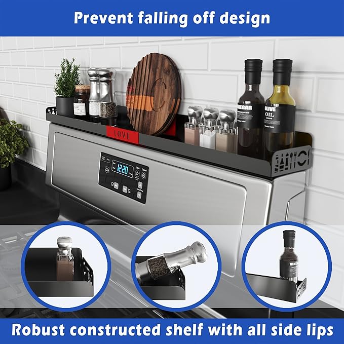 30" Magnetic Stove Top Shelf – Black Spice Rack with Red LOVE Design – Seasoning Organizer for Back of Stove – Over Stove Rack and Kitchen Storage Shelf