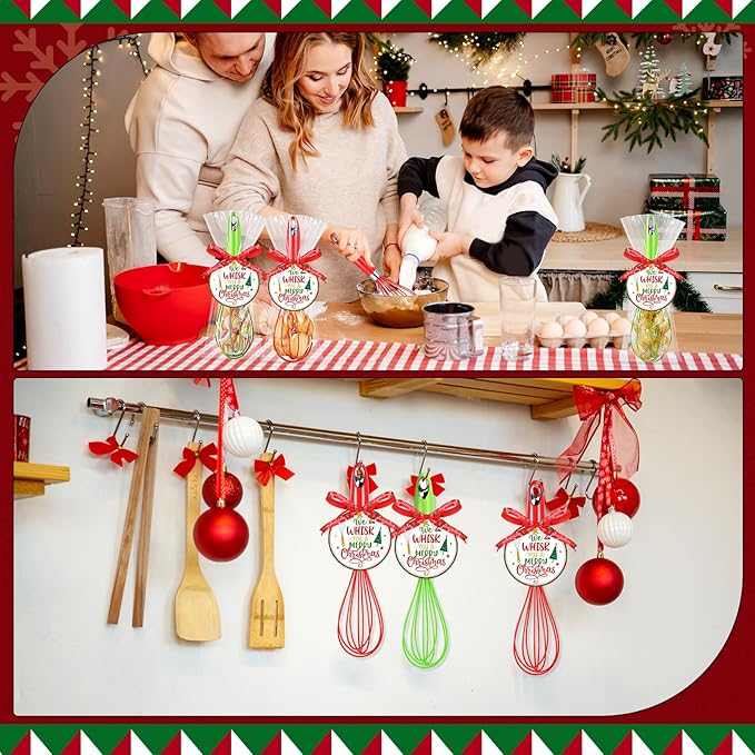 12 Christmas Whisk Gifts Include 10 Inch Christmas Stainless Steel Silicone Whisk Greeting Cards Ribbons Plastic Bags for Xmas Neighbor Family Friends Baking Enthusiast Cooking Supplies