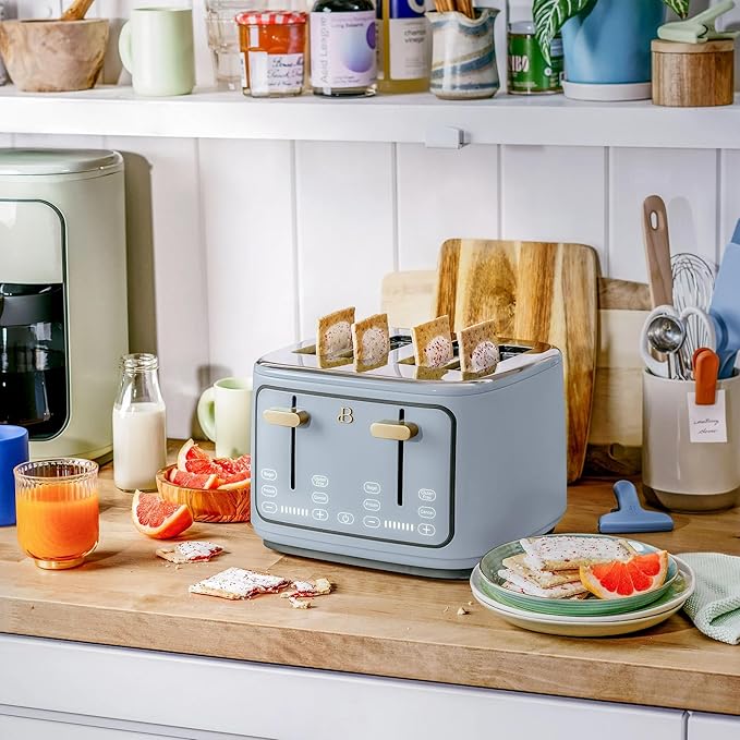 Beautiful 4 Slices Toaster with Touch-Activated Digital Display, Extra Wide Self-Adjusting Slots, Adjustable Shade Control, by Drew Barrymore (Blue)