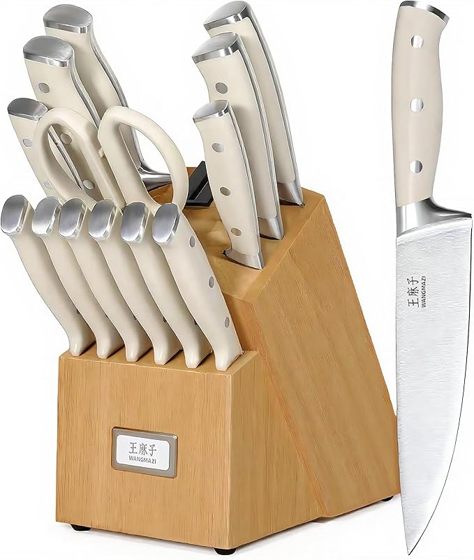 Premium Chef Knife Set High Carbon Stainless Steel Ergonomic Triple Rivet Handle Sharp Knife Set for Kitchen Hundreds of Years of Masterful Craftsmanship(Ivory Pro,15PCS)