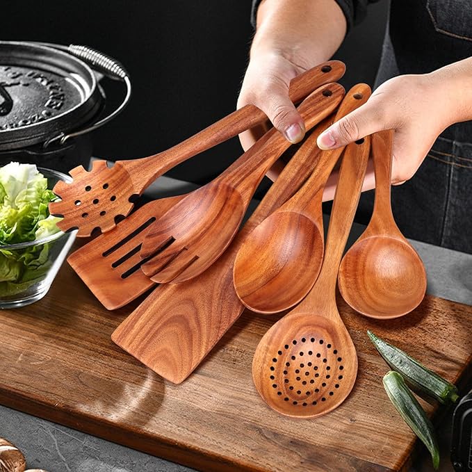 7 Pcs Teak Wood Kitchen Utensils Set Non Toxic BPA Free Cooking Tools with Spatula, Slotted Spatulas, Wooden Skimmer Spoons, Pasta Spoon, Mixing, Salad Fork & Spoons for Nonstick Cookware