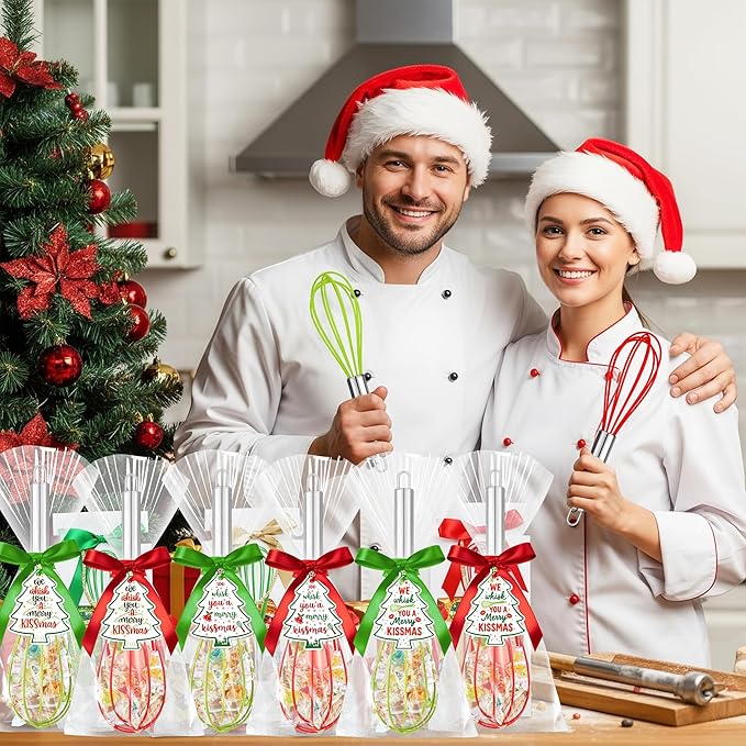 24 Sets 10 Inch Christmas Whisk Baking Gifts, DIY Fillable Christmas Tree Ornaments, Xmas Colored Silicone Whisks for Xmas Employee Neighbor Cooking Supplies Xmas Stocking Stuffers Candy Holder