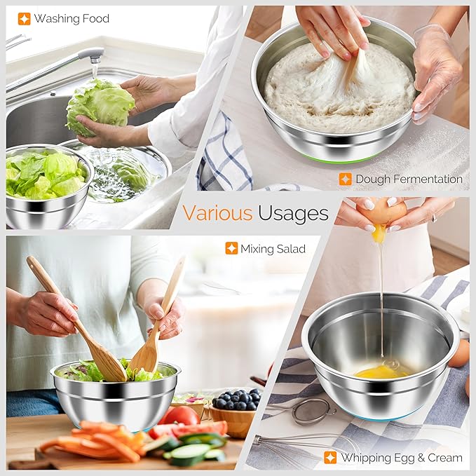 HaWare Mixing Bowls, 24-Piece Stainless Steel Salad Serving Bowl with Airtight Clear Lids, Metal Nesting Bowl For Kitchen Cooking Prepping Storing with 3 Graters, 4.6/2.6/1.5/1/0.7 QT, Colorful