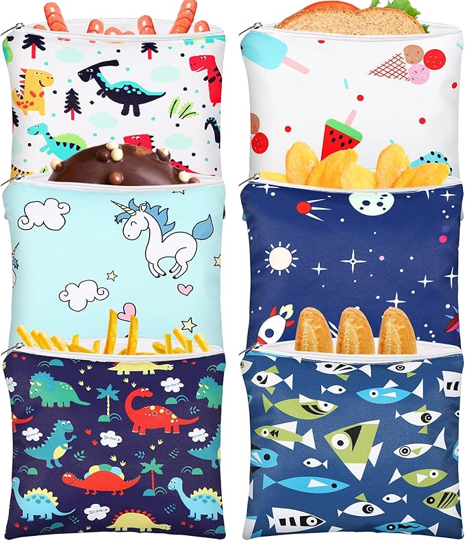 Chumia 6 Pcs Reusable Snack Bags Christmas Gifts Food Safety Washable Snack Bags Lunch with Zipper Portable Sandwich Bag Food Storage Pouch Double Layer(Animal,7 x 7 Inches)