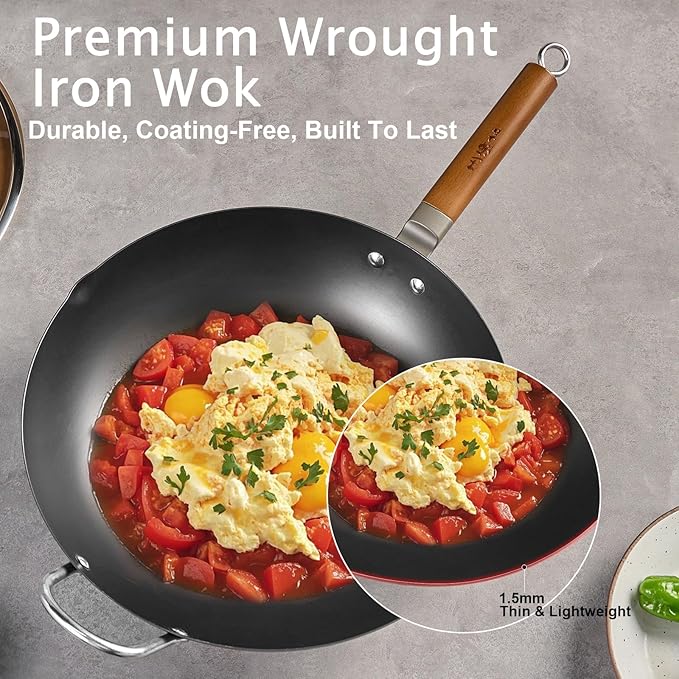 WANGYUANJI Iron Wok,14.2 inch Woks for Stir-fry, Chinese Stir Fry Pan Uncoated, Traditional Flat Bottom Iron Pot for Induction, Electric, Gas, Suitable for All Stoves(Pure Iron Wok)