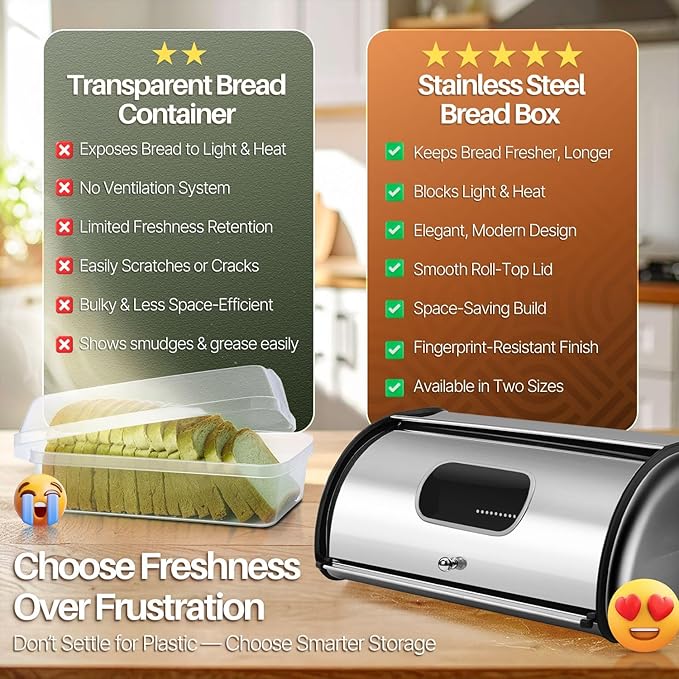 Flexzion Stainless Steel Bread Box For Kitchen Countertop (17 inch) - Kitchen Countertop Metal Bread Storage with Roll Up Lid & Front Window for Restaurant & Homemade Cakes, Buns, Pastries, Pancakes